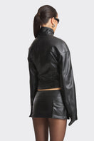 Black faux leather racing belt jacket by Stolen Stores featuring a stylish, fitted design with racing-inspired belt details.
