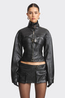 Black faux leather racing belt jacket by Stolen Stores featuring a stylish design with racing belt details and stud accents.