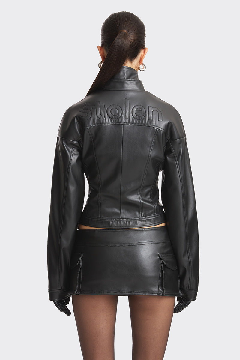 Black faux leather racing belt jacket from Stolen Stores featuring a sleek design and racing-inspired style.