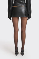 Black faux leather racing belt mini skirt by Stolen Stores featuring a sleek design and stylish racing belt detail.