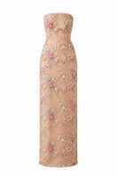 Beige Fay gown by Nihan Peker featuring elegant fabric and a flowing silhouette, displayed on a model.