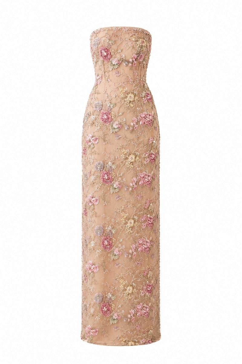 Beige Fay gown by Nihan Peker featuring elegant fabric and a flowing silhouette, displayed on a model.