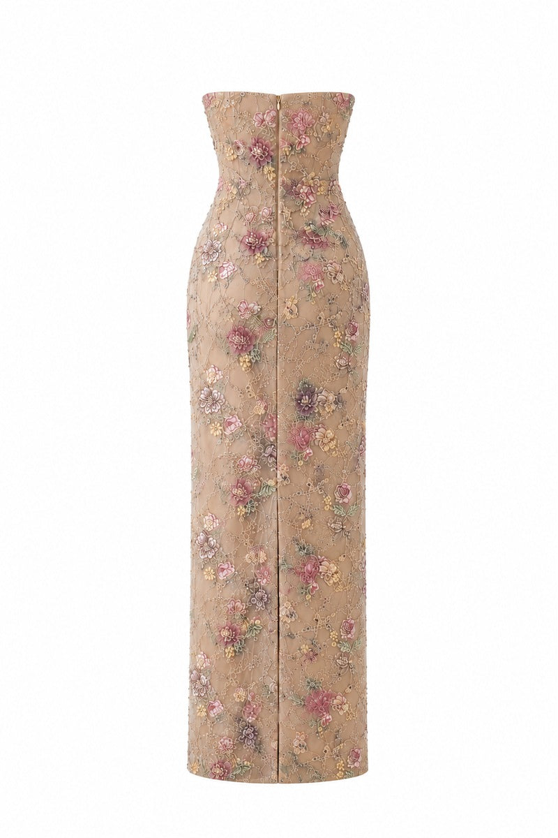Nihan Peker beige Fay dress gown with elegant flowing fabric and classic design, perfect for formal occasions.