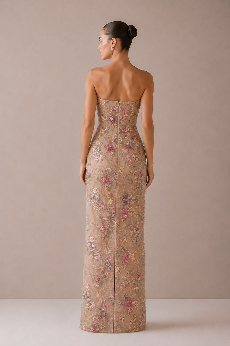 Nihan Peker beige Fay gown featuring elegant fabric and flowing design, perfect for formal occasions.