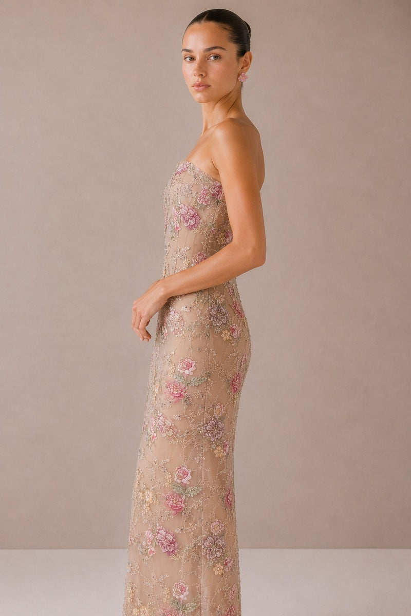 Nihan Peker beige Fay gown with elegant flowing fabric and detailed design, perfect for formal occasions.