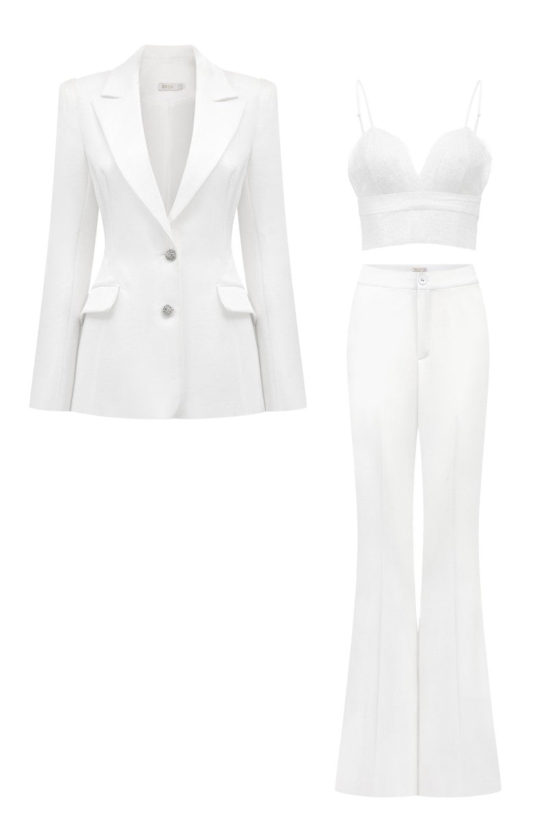 White taffeta slim fit three-piece co-ord set by 21Six, featuring a tailored blazer, matching trousers, and coordinating top.