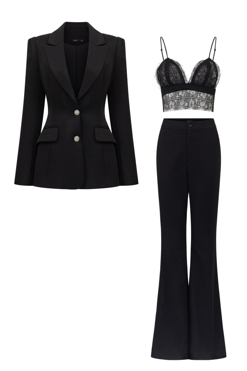 FIDELIA BLACK TAFFETA SLIM FIT THREE PIECE SET - CULT MIA