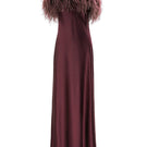 Elegant burgundy red feather long gown by MANITO, featuring flowing silk fabric and intricate feather detailing.