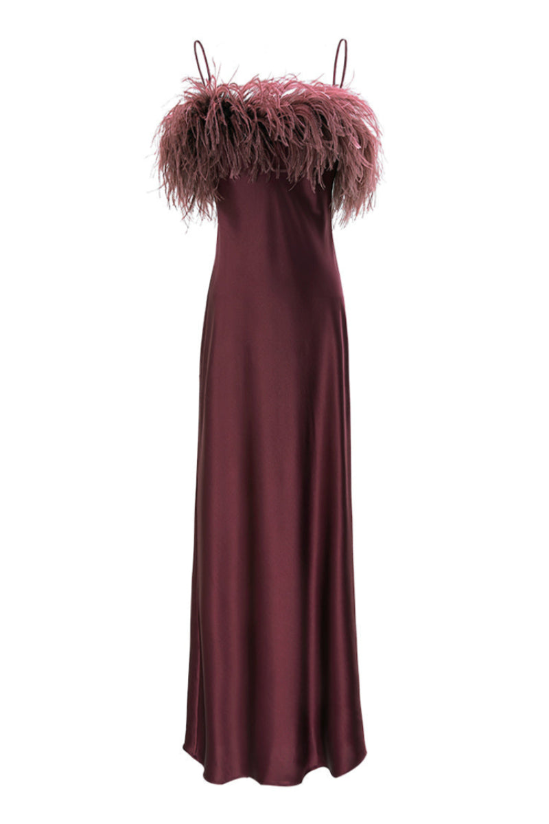 FIESTA FEATHER LONG DRESS IN BURGUNDY RED - CULT MIA