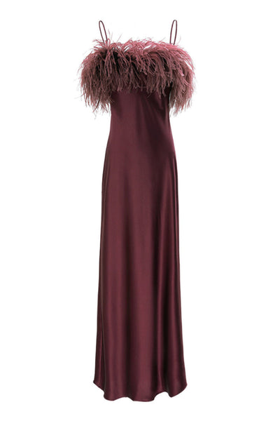 MANITO FIESTA FEATHER LONG DRESS IN BURGUNDY RED