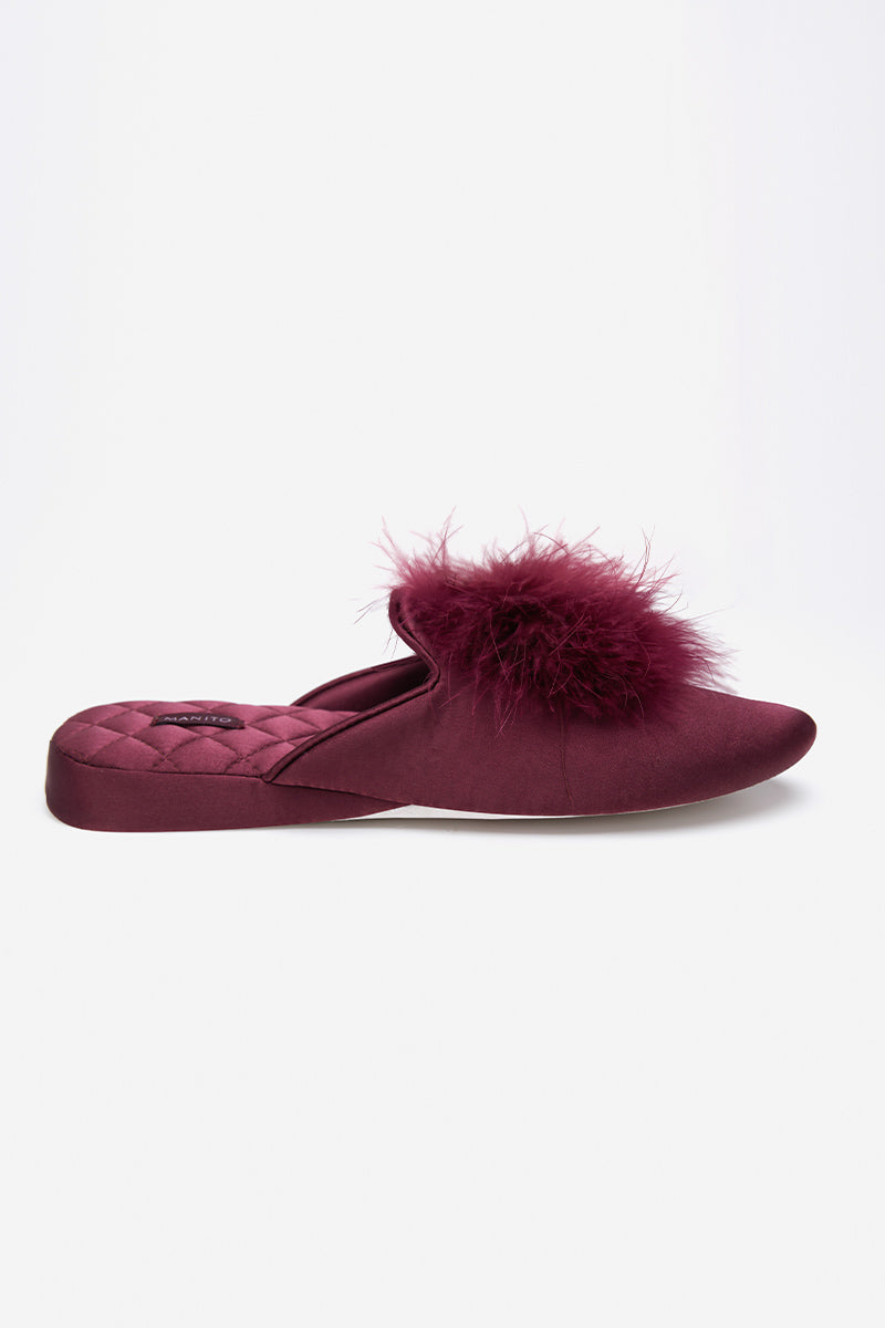 Manito Fiesta Silk women's flat slipper in burgundy red with a smooth silk finish, perfect for casual and elegant wear.