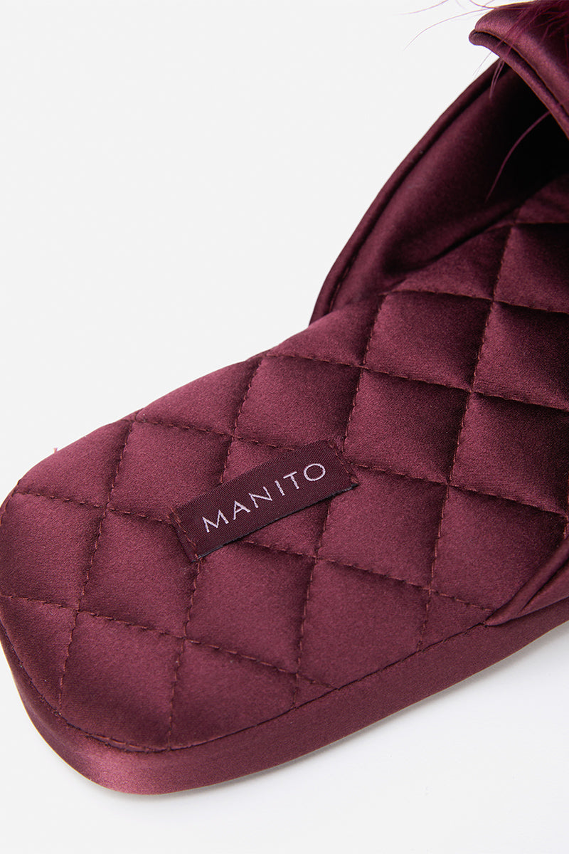 Manito Fiesta Silk women's slippers in burgundy red, featuring soft fabric and slip-on style for comfortable indoor wear.