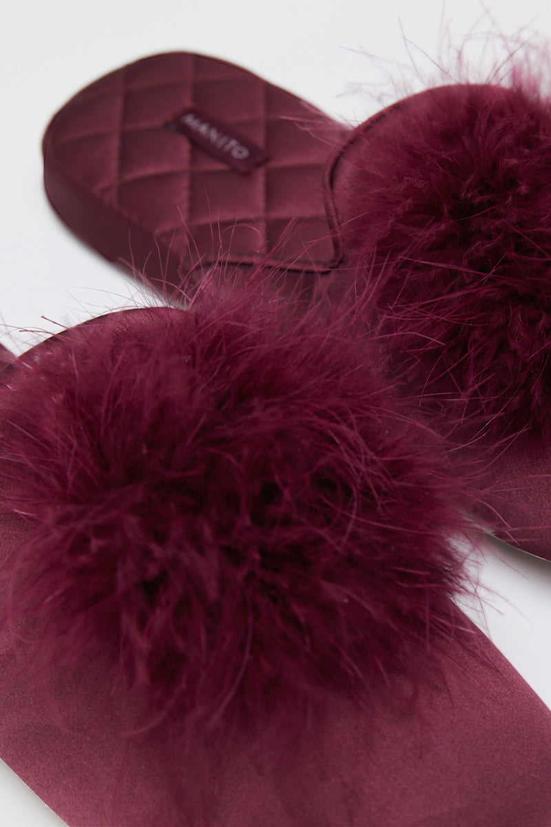 Manito Fiesta Silk women's slippers in burgundy red with a soft fabric upper and flat sole, perfect for comfortable casual wear.