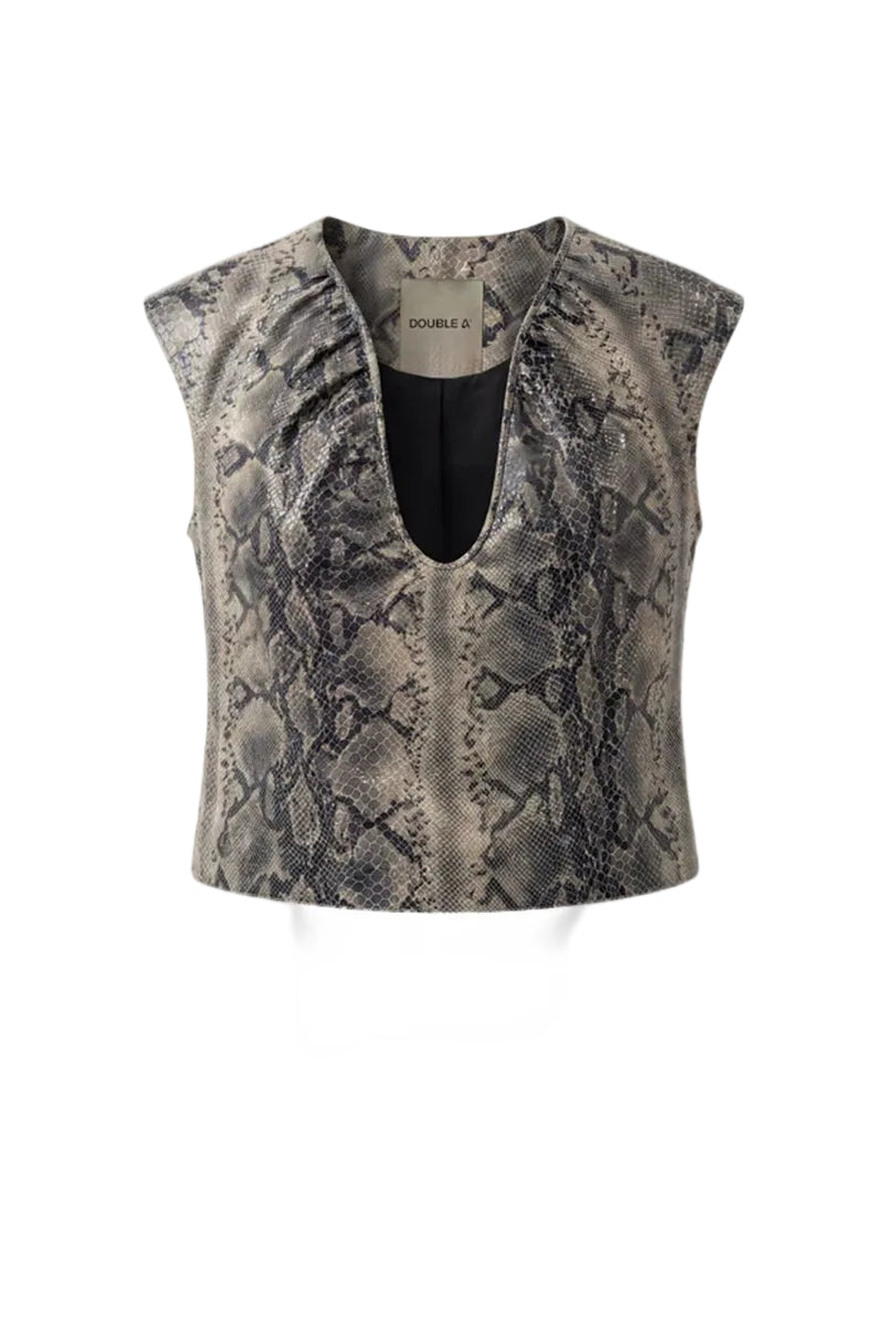 Double A Fiona leather top in snake print, showcasing a fitted design with textured faux leather and bold animal pattern.