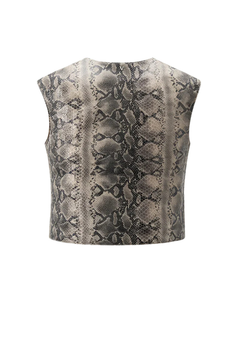 Double A Fiona leather top in snake print, showcasing the fitted design and textured reptile pattern on soft leather fabric.