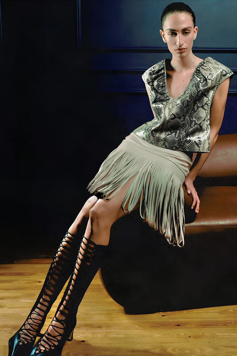 Double A Fiona leather top in snake print, showcasing a fitted design with textured snake pattern and sleek neckline.