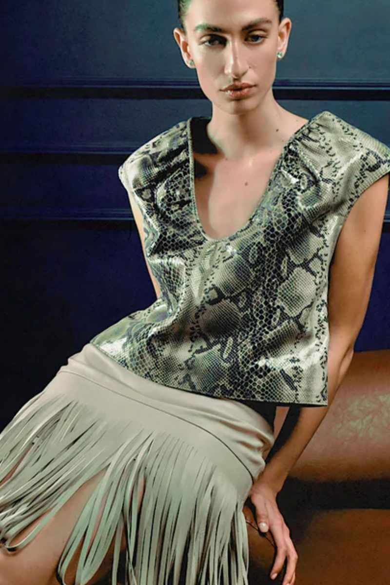 Double A Fiona leather top in snake print featuring a fitted design and bold pattern, perfect for stylish fashion statements.