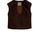 Double A Fiona suede top in brown, showing a close-up of the soft suede fabric and stylish neckline.