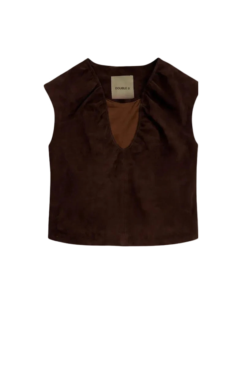 Double A Fiona suede top in brown, showcasing a stylish, fitted design with long sleeves and a soft suede fabric.