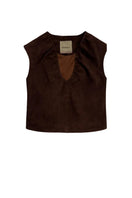 Double A Fiona suede top in brown, showing a close-up of the soft suede fabric and stylish neckline.