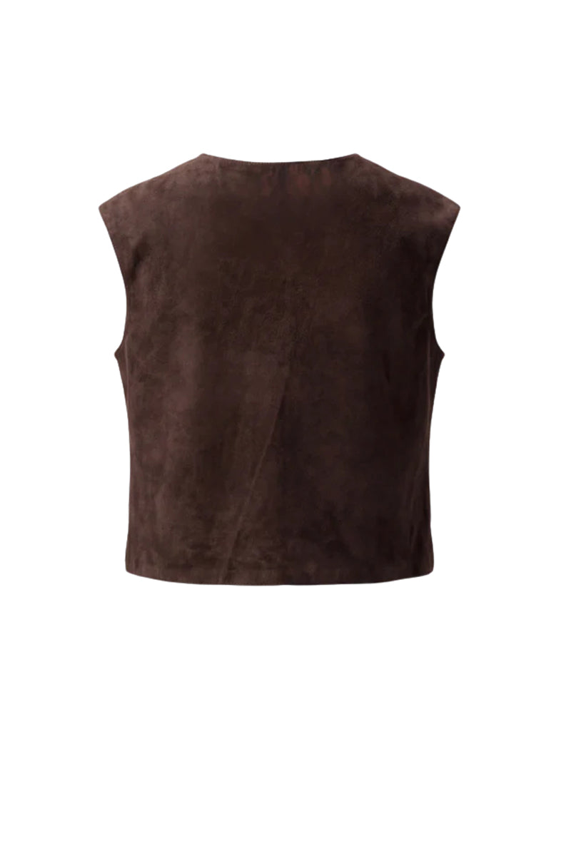 Double A Fiona suede brown top showing a close-up of the soft suede fabric and stylish design.