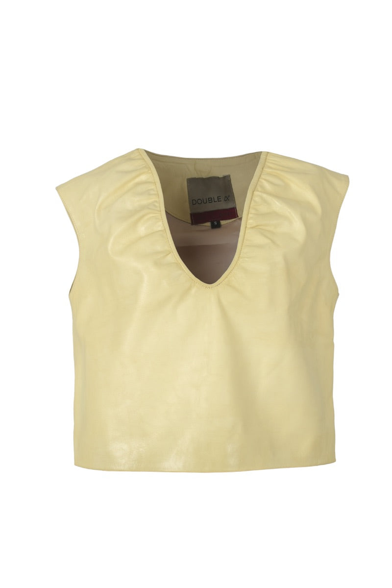 Double A Fiona leather top in butter yellow, stylish sleeveless blouse with a smooth leather finish and fitted design.