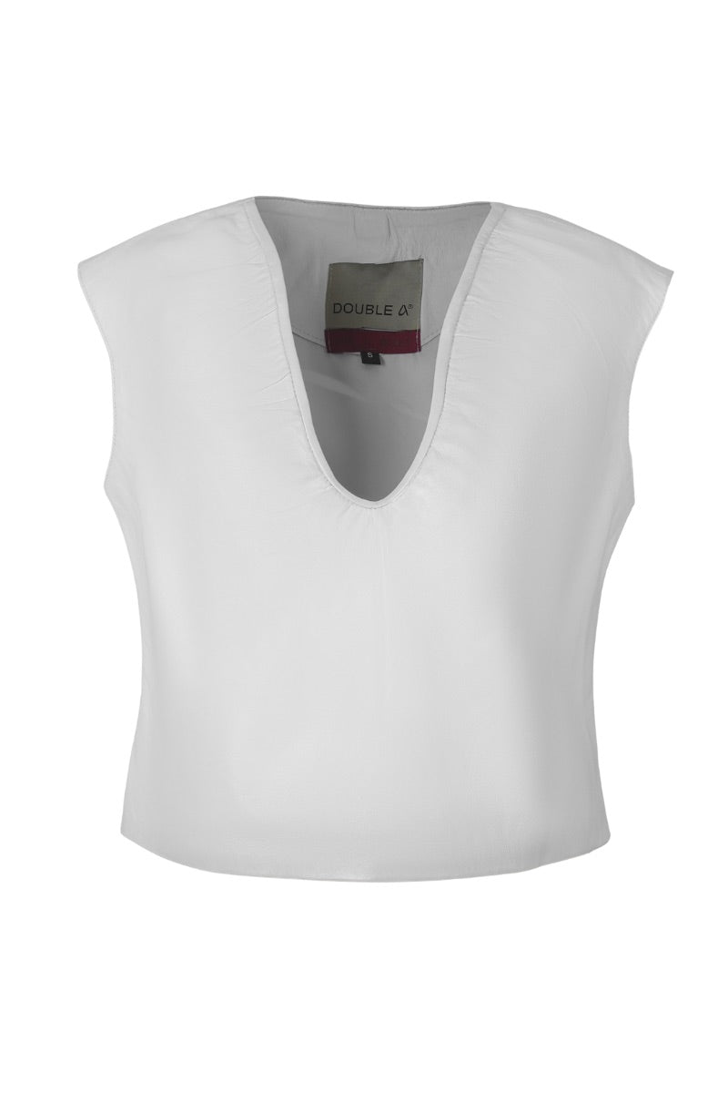 White Fiona leather top by Double A, featuring a sleek design and smooth leather texture, styled as a fashionable women's tops.