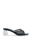 Black patent and mesh glass heel shoes from House of Atana's Fiorellini collection, featuring a sleek design and transparent heel.