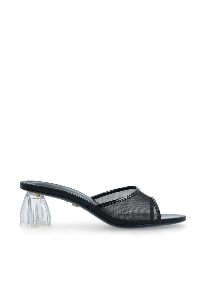 Black patent and mesh glass heel shoes from House of Atana's Fiorellini collection, featuring a sleek design and transparent heel.