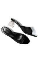 Black patent and mesh glass heel shoes from House of Atana's Fiorellini collection, featuring stylish pointed heels.
