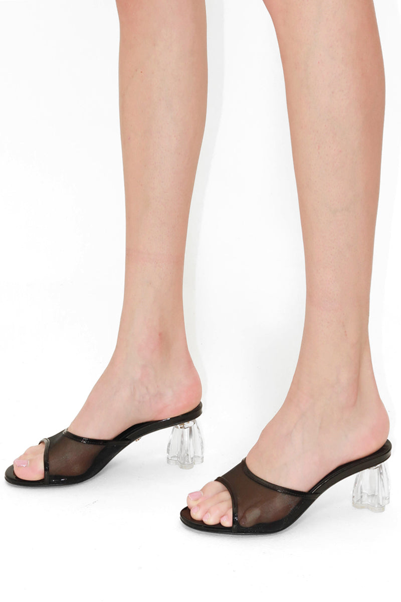 Black patent and mesh glass heel shoes by House of Atana, featuring a stylish design and transparent heel.