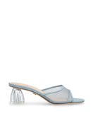 House of Atana Fiorellini glass heel in pale blue nappa leather and mesh, showcasing elegant design and transparent heel details.