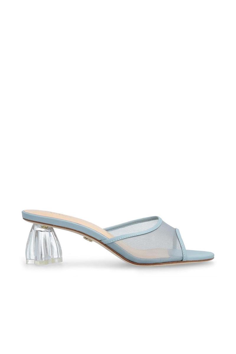 House of Atana Fiorellini glass heel in pale blue nappa leather and mesh, showcasing elegant design and transparent heel details.