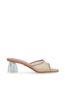 Tan nappa leather and mesh heels from House of Atana's Fiorellini collection, featuring glass heels and elegant design.