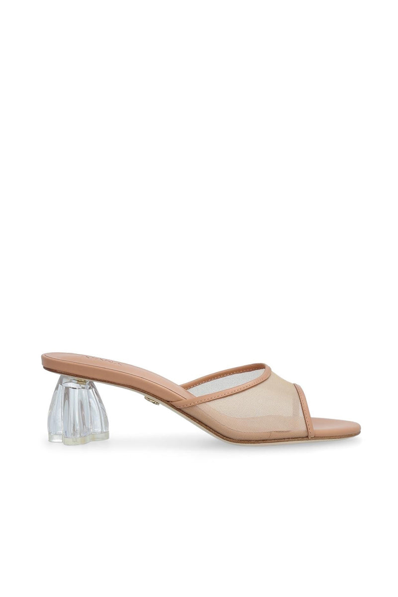 Tan nappa leather and mesh heels from House of Atana's Fiorellini collection, featuring glass heels and elegant design.
