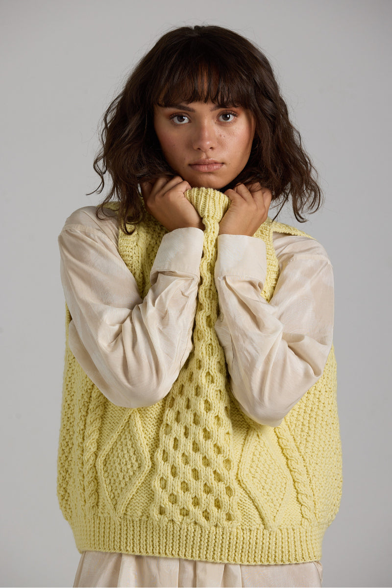 First Born Knits Tierra Vest in knitwear, showcasing a cozy, textured design in neutral tones, perfect for layered fall outfits.