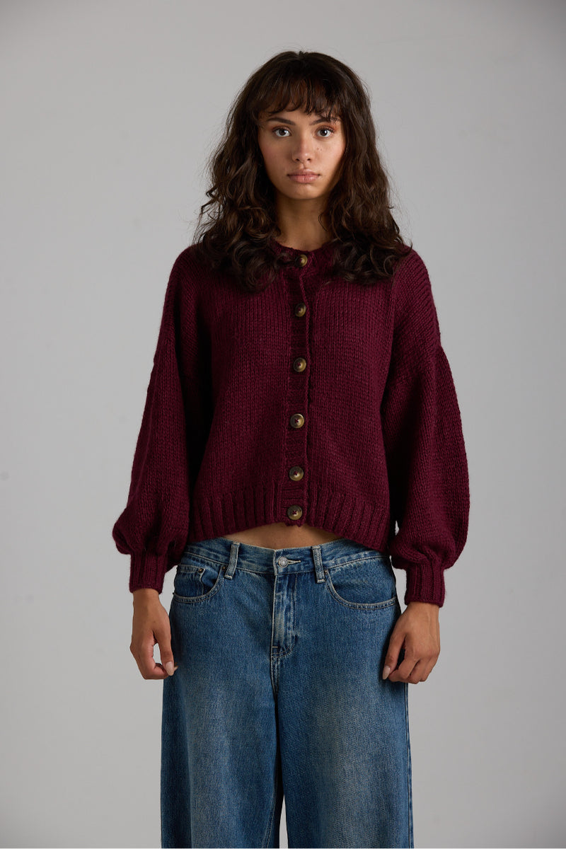 Cream-colored Frenchie cardigan by First Born Knits, featuring a cozy knit design with a ribbed collar and button closure.