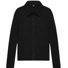 Black fitted rib button-down shirt by Bassigue, showing close-up of collar and front buttons on a sleek shirt.