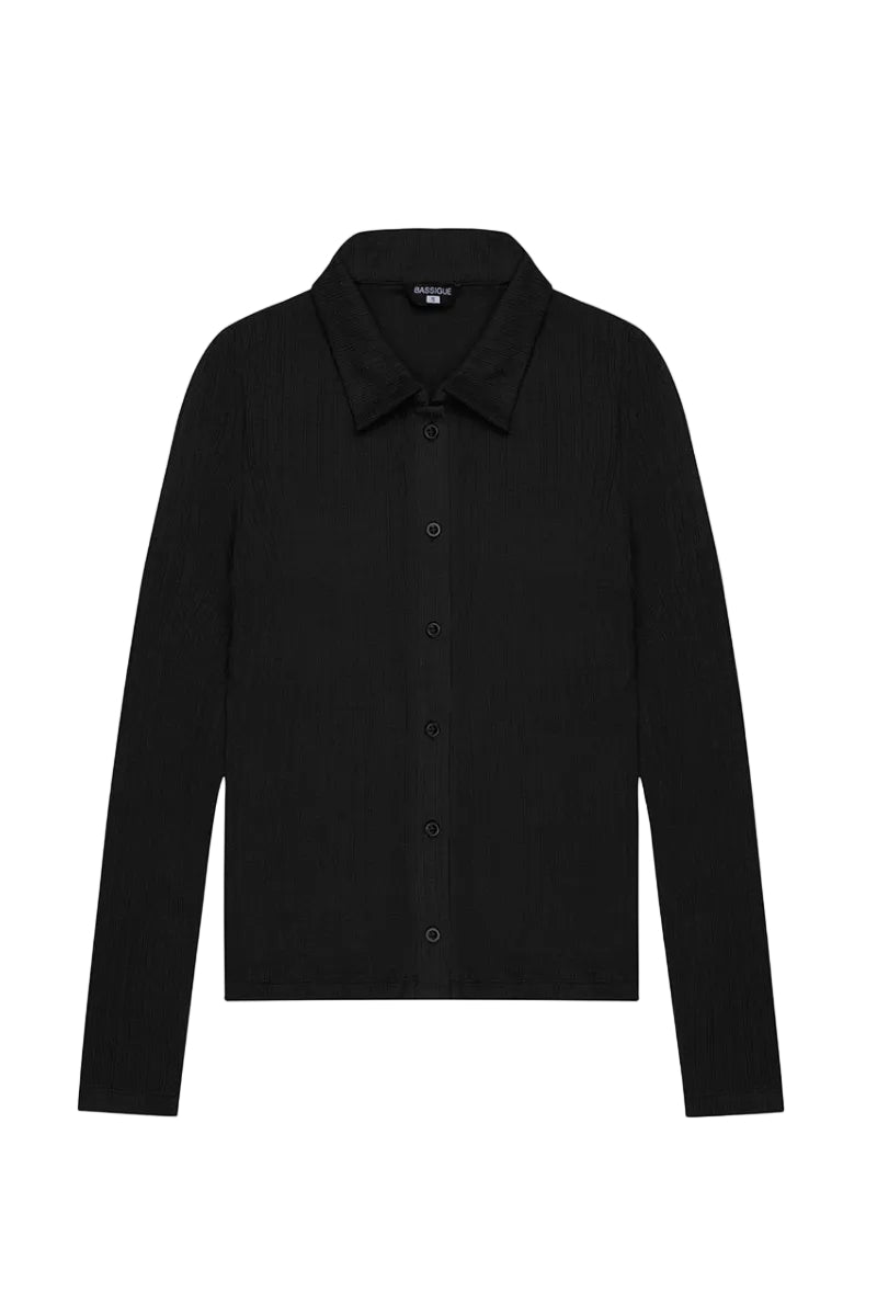 Black fitted rib button-down shirt by Bassigue, showing close-up of collar and front buttons on a sleek shirt.