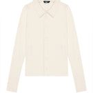 White fitted rib button-down shirt by Bassigue, showing the tailored collar and ribbed fabric detail.