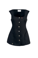 Black fixed corset top by YASSMIN SALEH featuring structured design and adjustable straps.