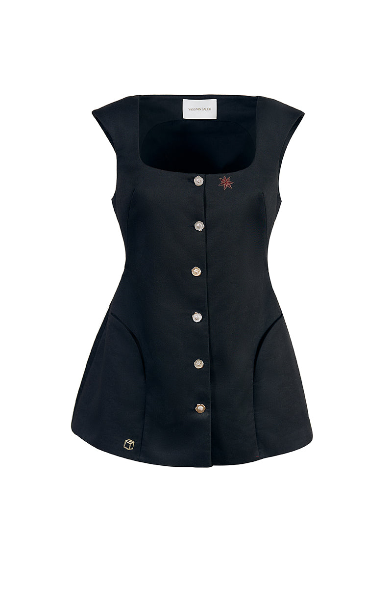 Black fixed corset top by YASSMIN SALEH featuring structured design and adjustable straps.