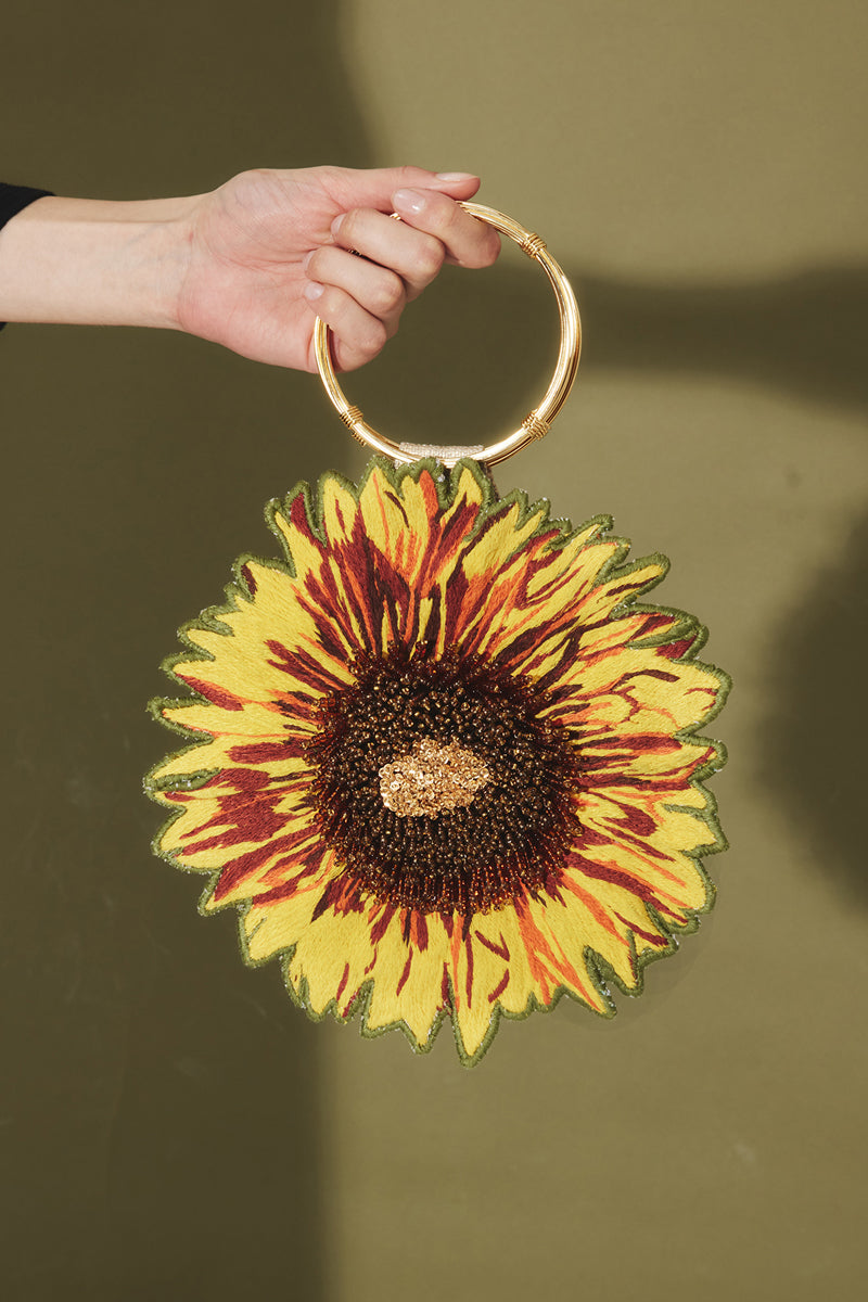 Sarah's Bag Grand Sunflower Flapper Top Handle Bag featuring a vintage-inspired sunflower design and elegant handle detailing.