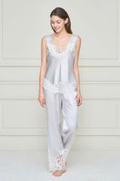 Grey silk and lace pajama set for women by MANITO, featuring a comfortable and elegant sleepwear design with flapper-inspired style.