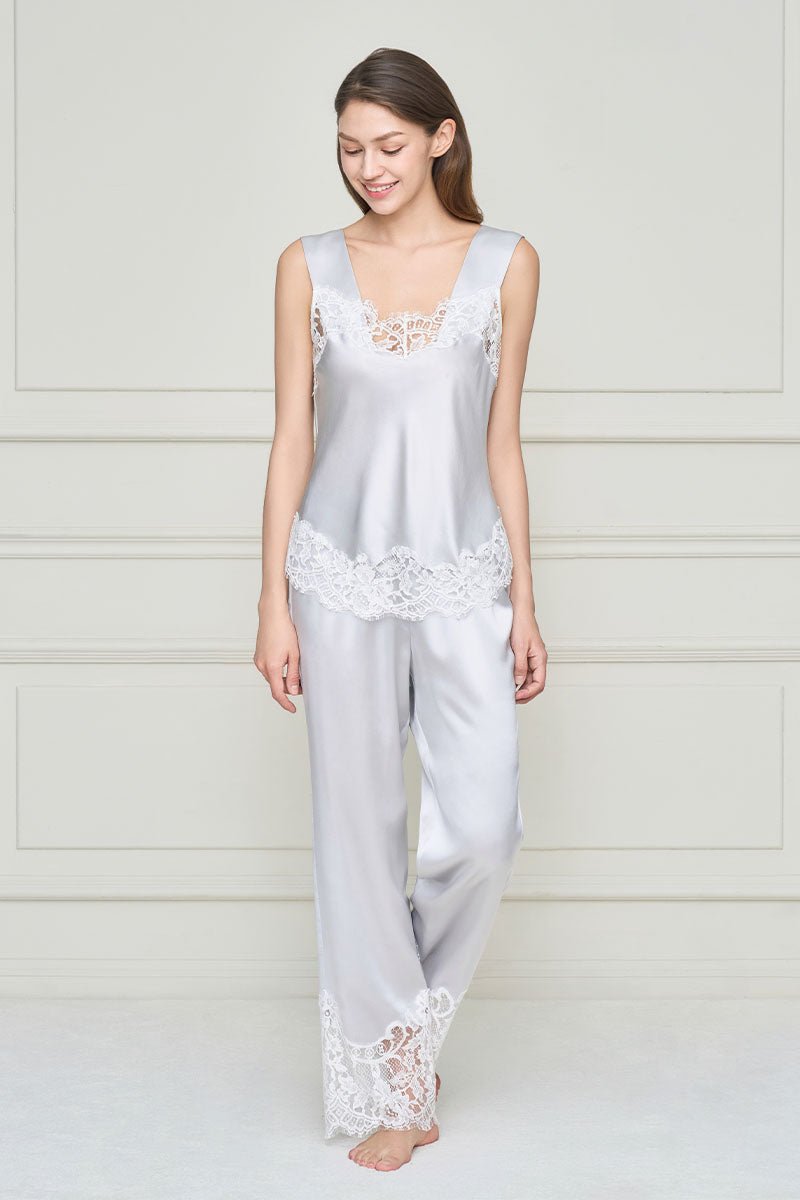 Grey silk and lace pajama set for women by MANITO, featuring a comfortable and elegant sleepwear design with flapper-inspired style.