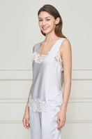 Women's grey silk lace pajama set by MANITO featuring a stylish flapper-inspired design with delicate lace details.
