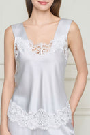 Women's silk lace pajama set by MANITO featuring a grey flapper style design, with a comfortable, elegant fit.