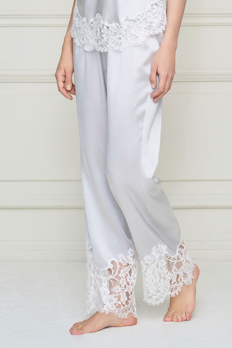 Women's silk lace pajama set by MANITO, featuring a grey flapper style design with delicate lace details and comfortable fit.