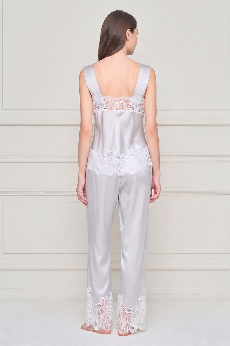 Women's silk lace pajama set by MANITO featuring a stylish grey flapper design, comfortable and elegant sleepwear.