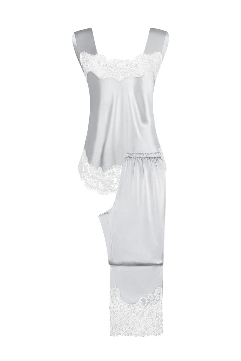 Women's silk lace pajama set by MANITO featuring a grey flapper style design, soft fabric, and elegant lace details.